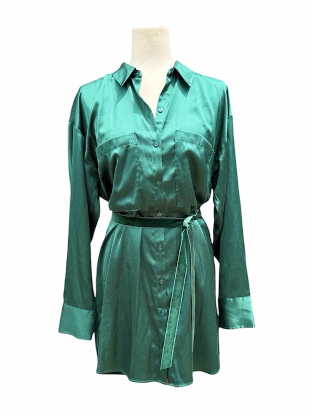 Abercrombie & Fitch Dark Emerald Green satin Button-Up Oxford Shirt Dress M